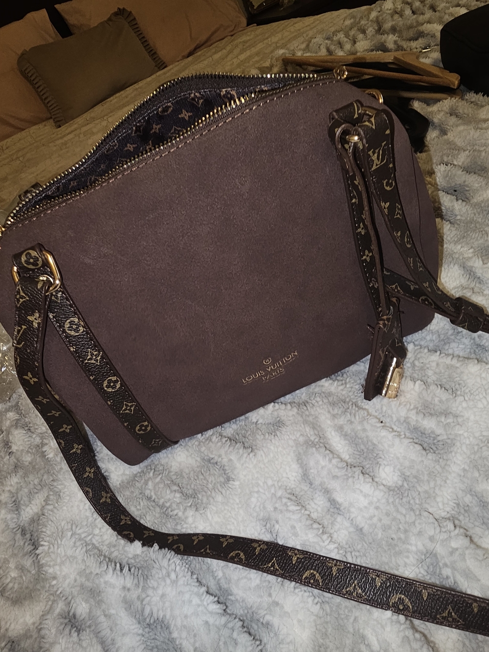 Brown Suede Shoulder Bag with Monogram Straps